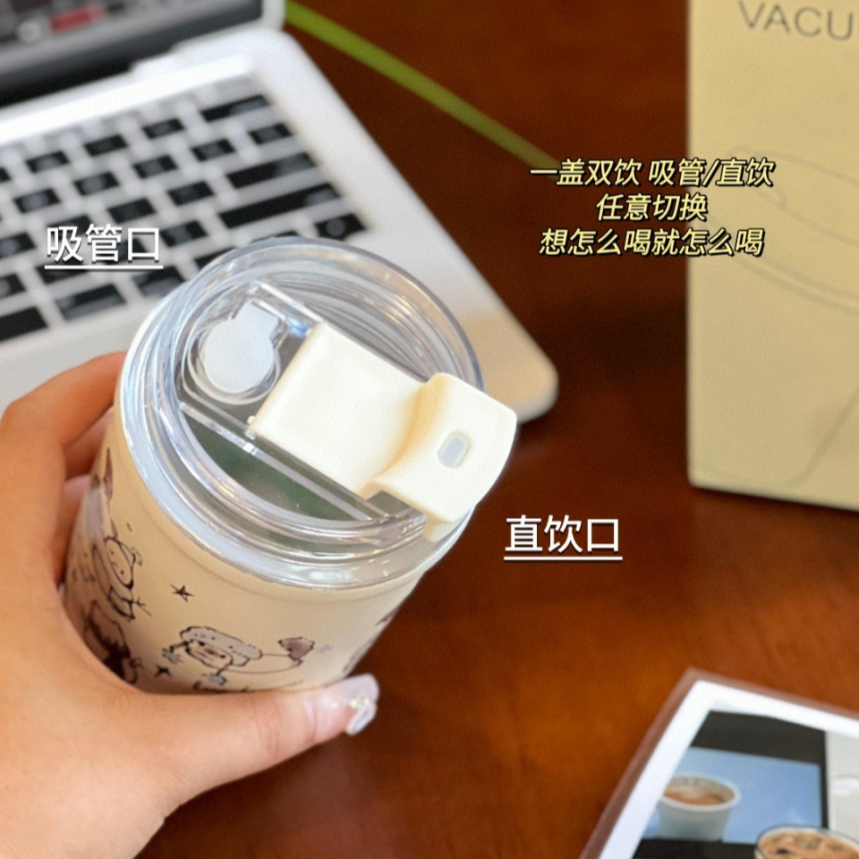 Cute hand-painted winter cat stainless steel insulated cup, cute cartoon high appearance level straw, portable straw water cup Specification drawing