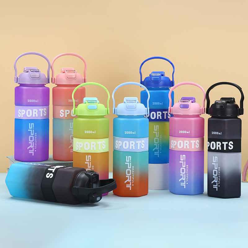 Cross-border gradient color hexagonal plastic cup three-piece set, outdoor convenient sports water bottle, large-capacity cup with straw and big belly full figure