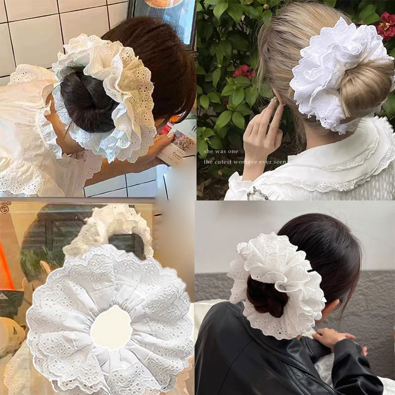 Retro double-layer large lace-trimmed hair tie for women, French Lolita hollowed-out large intestine tie, with a high-end look full figure