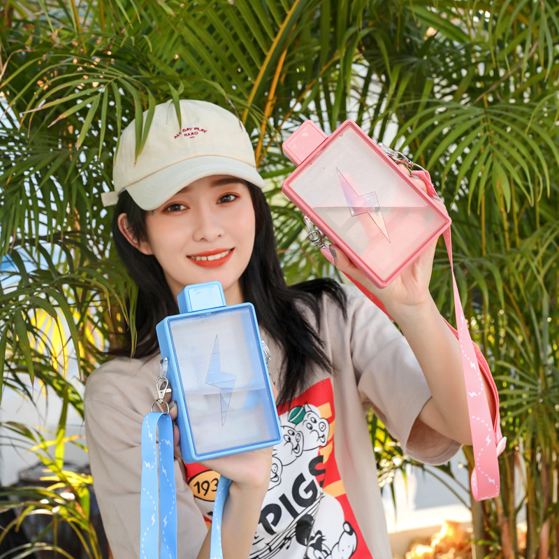Wholesale Yafiqi creative high appearance level Lightning Internet celebrity rectangular plastic water cup Convenient crossbody strap water bottle details Picture