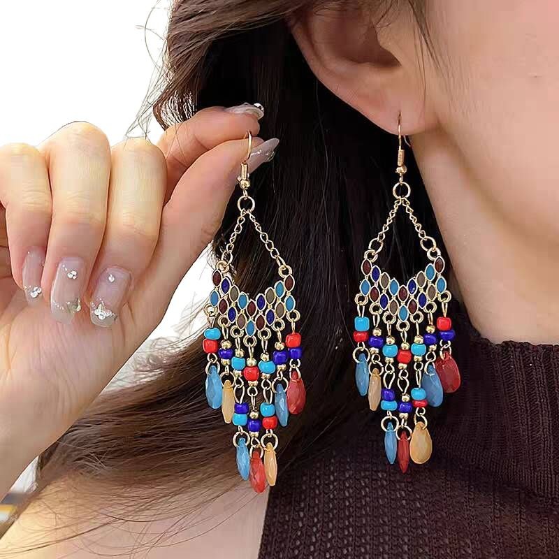 Bohemian-style long tassel earrings, women's high-end retro exotic ear hooks, 2025 new ethnic style earrings Item Picture