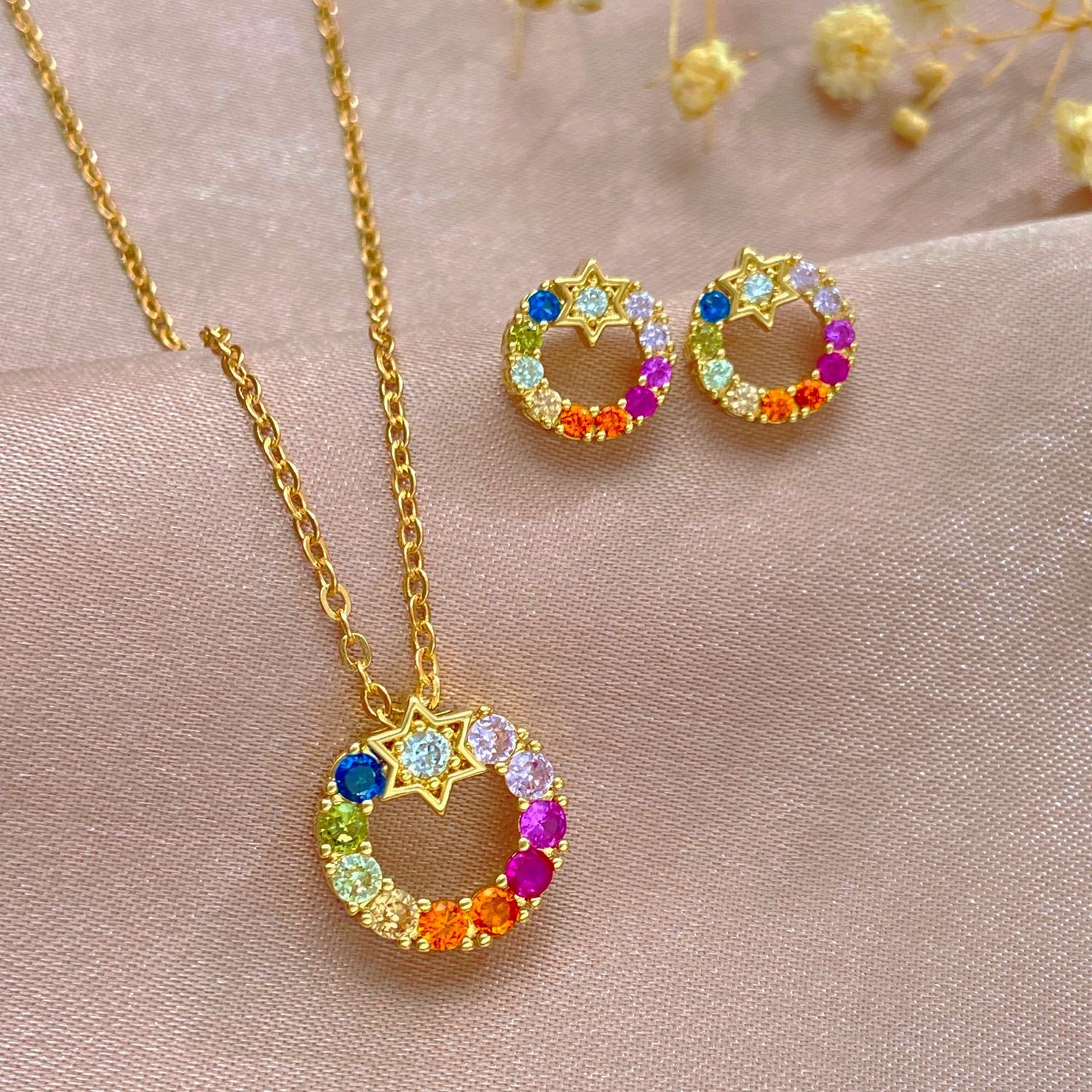 New cross-border copper inlaid colored diamond star jewelry set for women, InS-style European and American colored round necklace and earrings set full figure