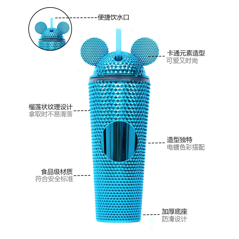 New cross-border factory direct supply large-capacity water cup, creative and prickly durian cup, fashionable cat-ear plastic straw cup details Picture