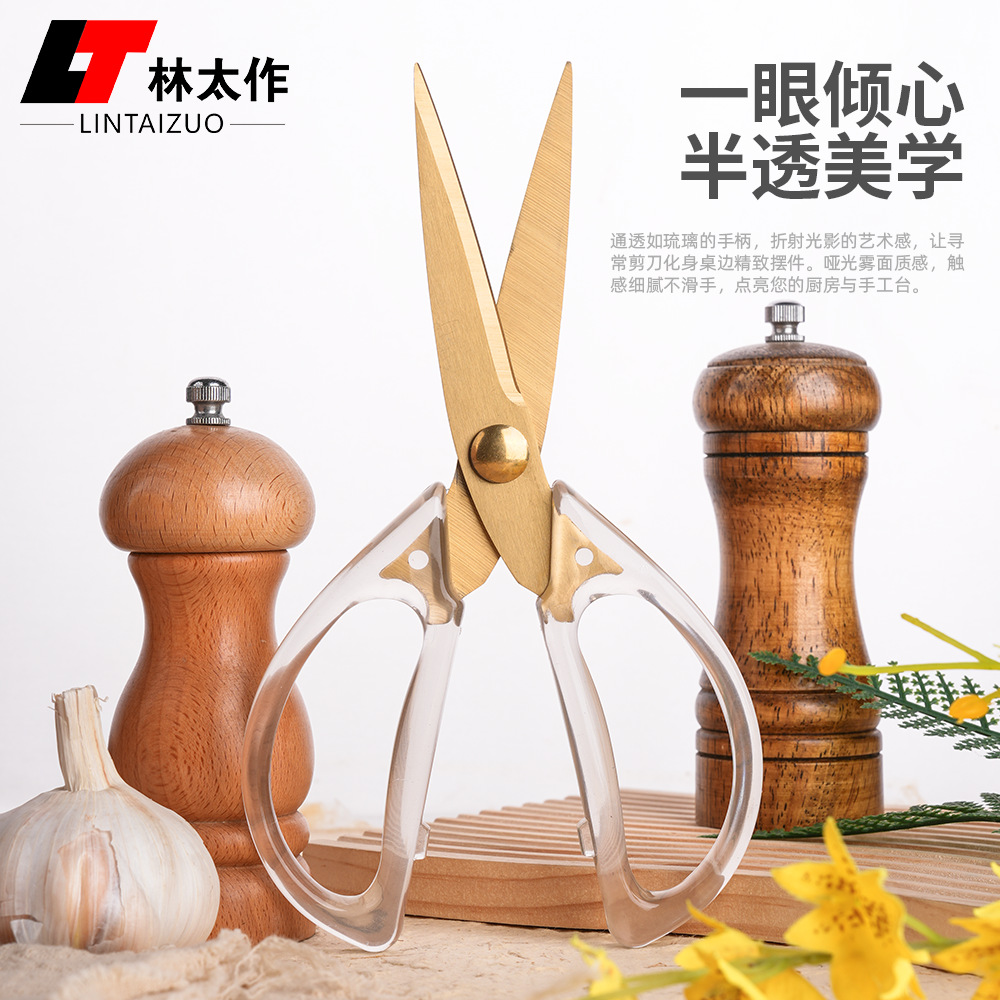 Lin Taizuo acrylic transparent household scissors, office electroplated anti-rust, simple, ins, fresh and transparent kitchen scissors details Picture