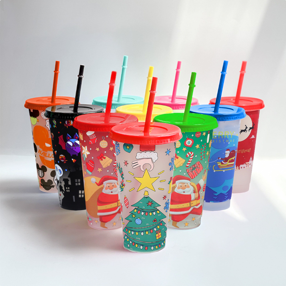 The manufacturer's new Halloween PP single-layer coffee plastic color-changing cup 710ml temperature-sensitive cold-changing straw Christmas cup Specification drawing