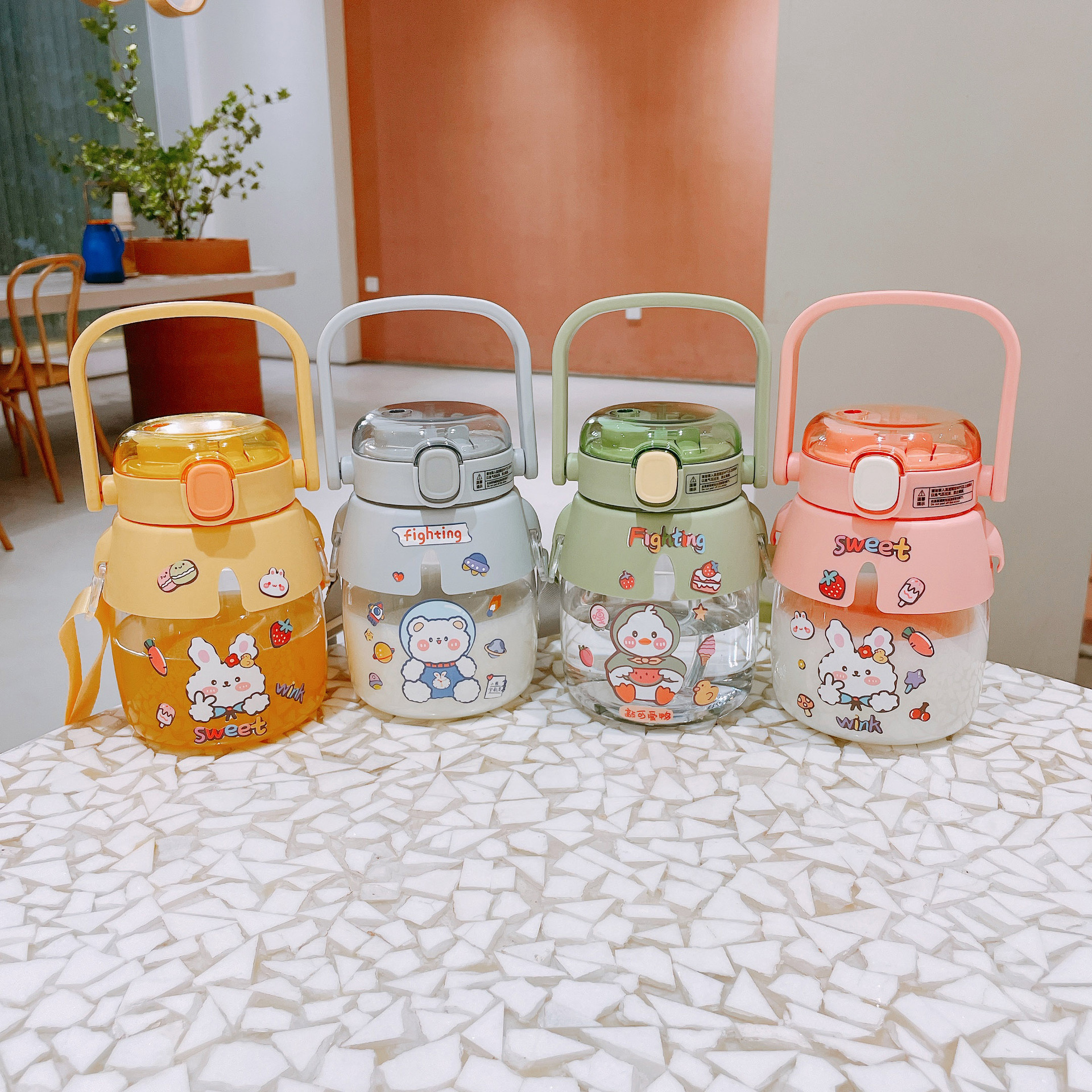 A double-cup drinking water bottle with a large belly, high appearance level, simple cartoon straw cup, cute, portable, anti-drop and large capacity water bottle details Picture