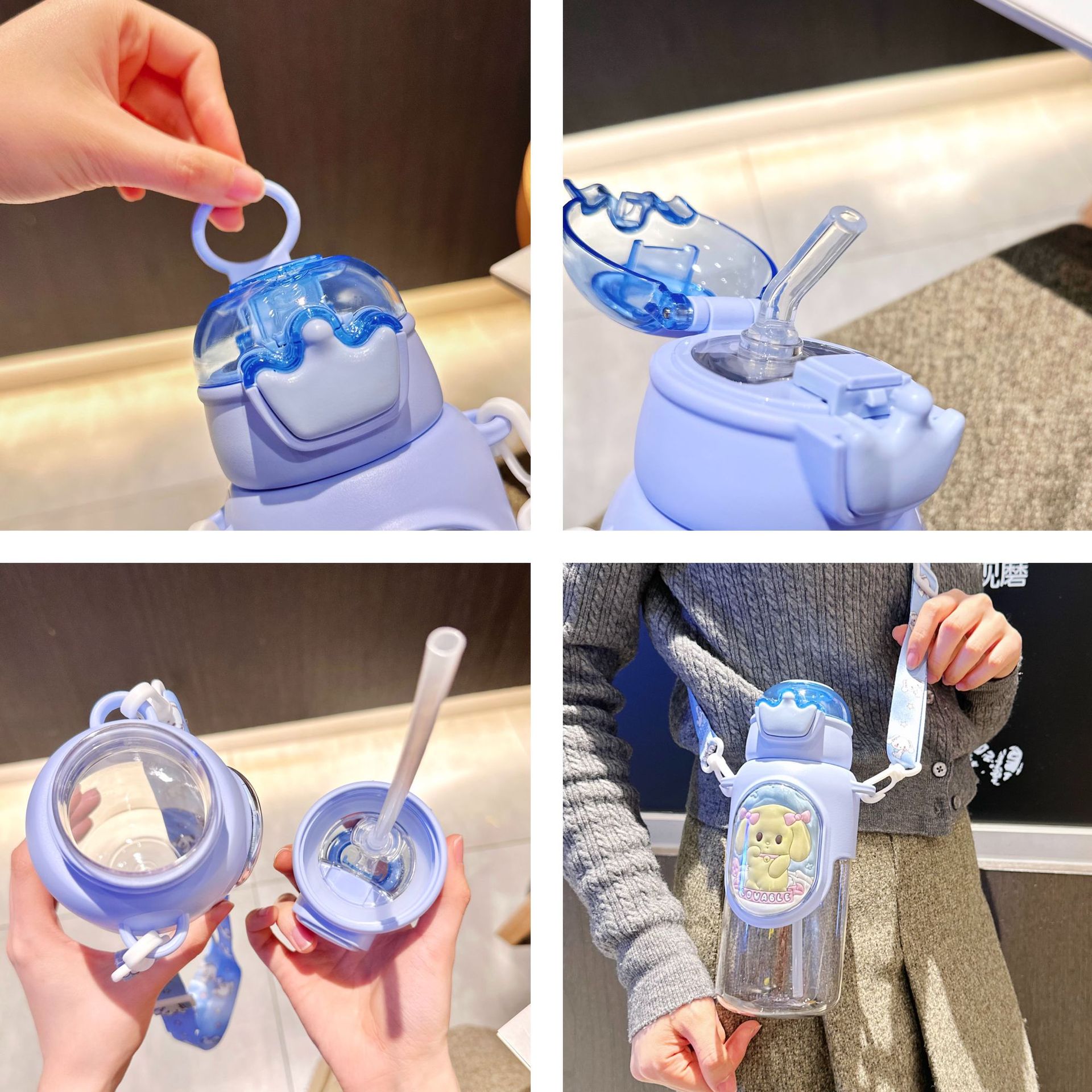 New children's straw cup, summer cute portable plastic cup, crossbody cartoon panda, special anti-drop cup for students Application Scenario