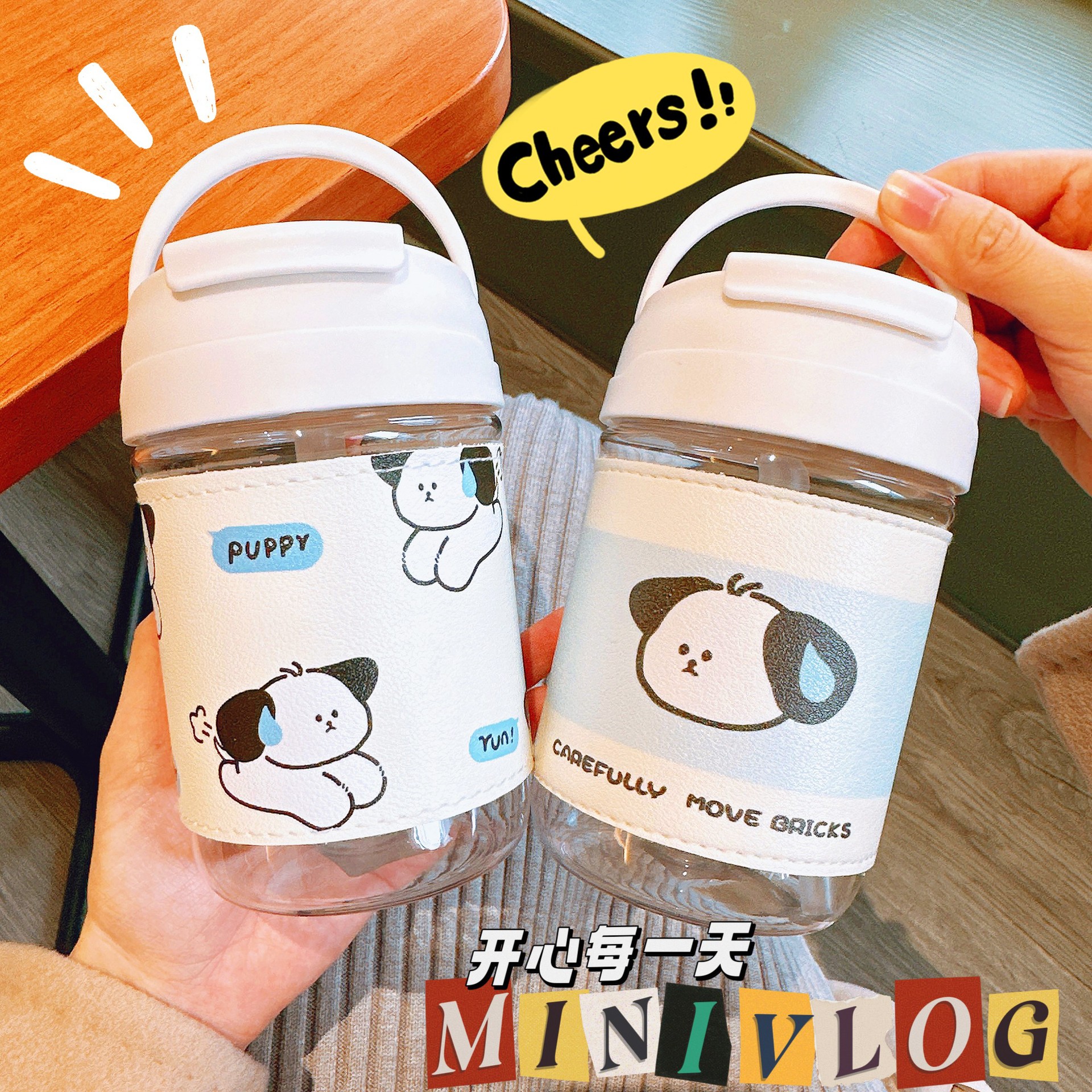 Cute puppy plastic cup, dual-drinking portable student anti-scald water cup, high appearance level cartoon creative coffee cup, bestseller full figure