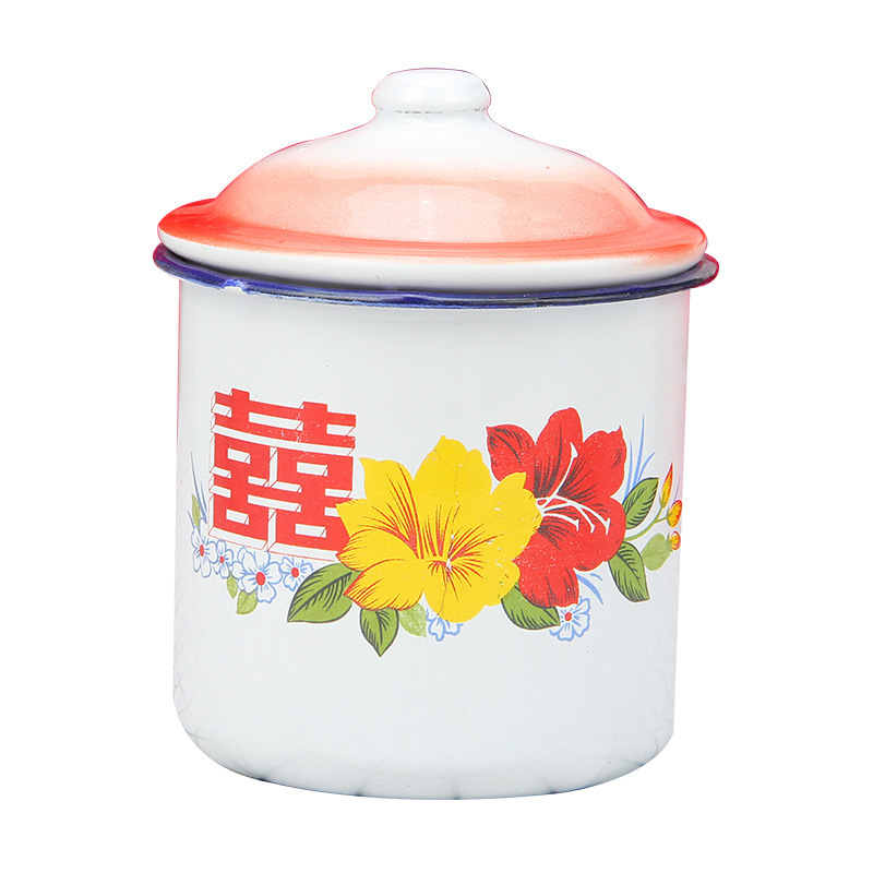 Enamel Double happiness cup, flower lid cup, old-fashioned enamel tea VAT, wedding candy tea cup, nostalgic enamel tea VAT cup, enamel cake cup Item Picture