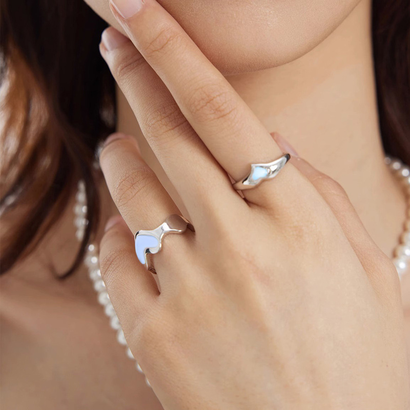French-style simple and individual heart-shaped glazed open ring, moonstone for women, elegant and fashionable, ins cold style ring trend Specification drawing