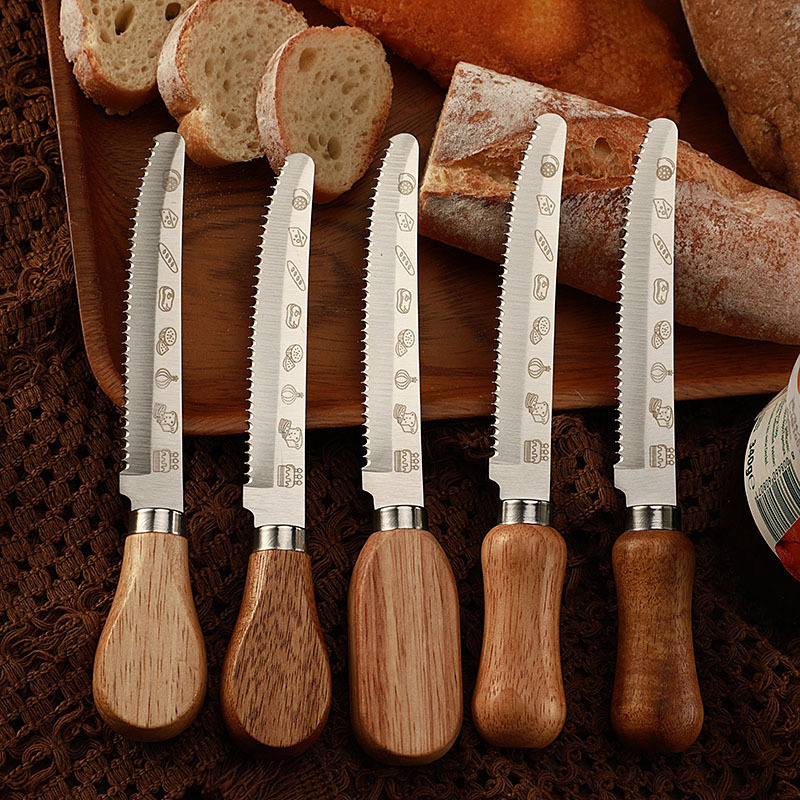 Cross-border in-stock Western steak knives, hotel wooden handle steak knives, creative new bread serrated toast bread knives full figure