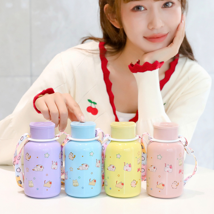 New creative cat-themed insulated cup with a crossbody strap, popular cartoon portable mini 304 stainless steel student water cup details Picture