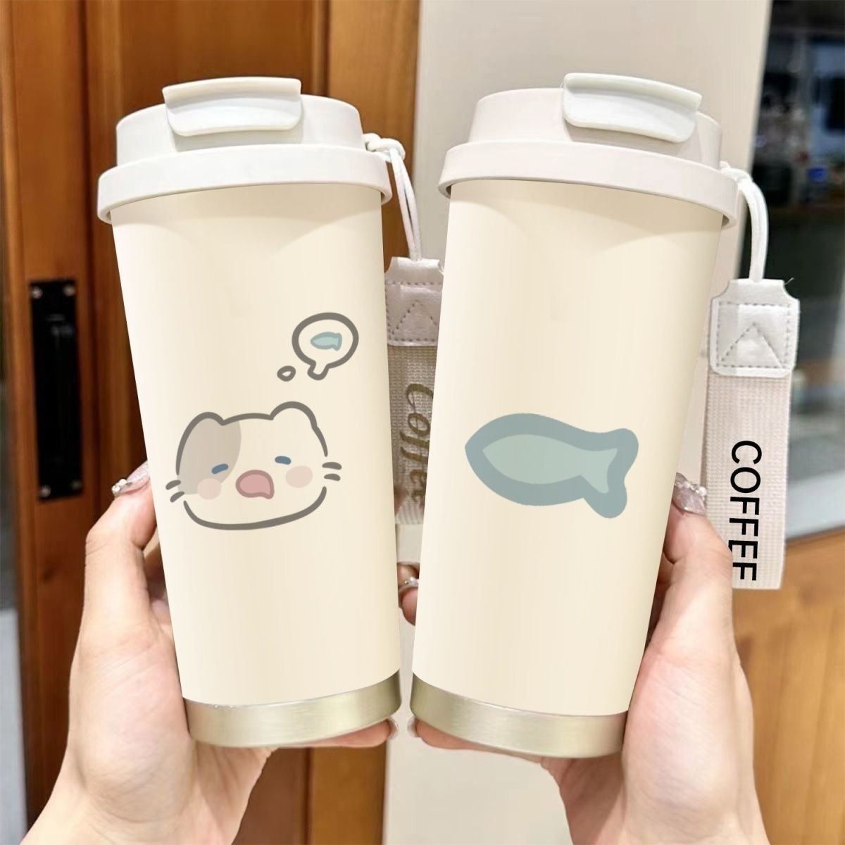 Cartoon insulated cups for boys and girls to go to school, double-drinking cups, drinking cups, large-capacity sleepy cats, portable for sports full figure