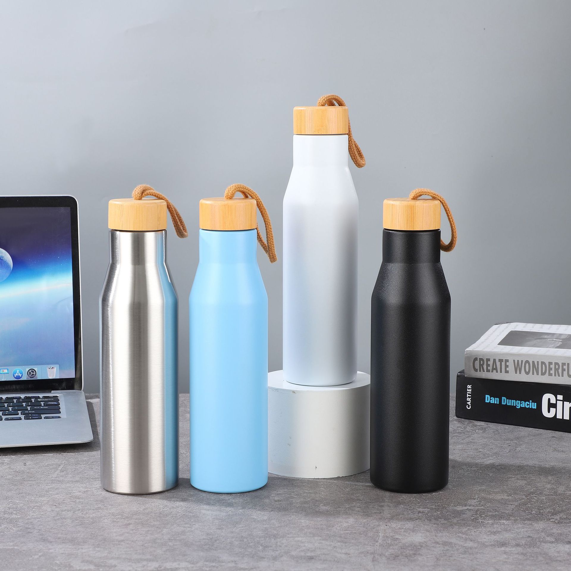 New cross-border 304 stainless steel insulated cup, double-layer vacuum portable bamboo lid water cup, outdoor sports cola bottle details Picture