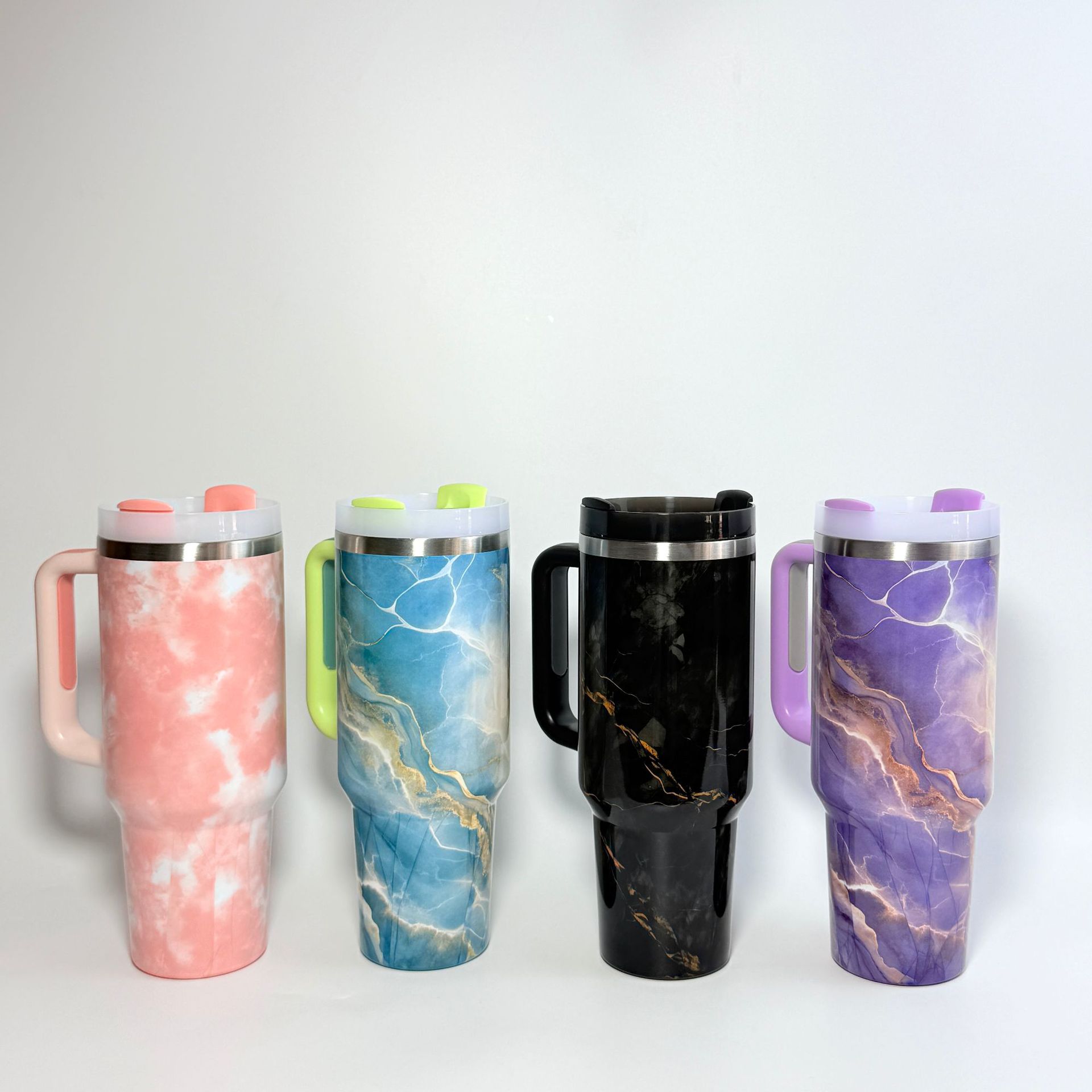 Cross-border second-generation 40oz paint-dyed and printed color car cup, large-capacity straw insulated cup, portable car handle ice cup details Picture