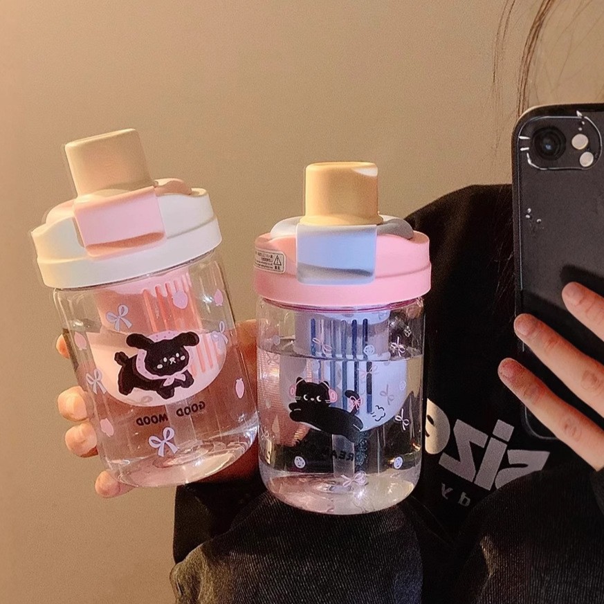Girls' double-drinking plastic cup, cartoon cute straw cup, portable high appearance level student water cup, rotating straw mouth water cup full figure