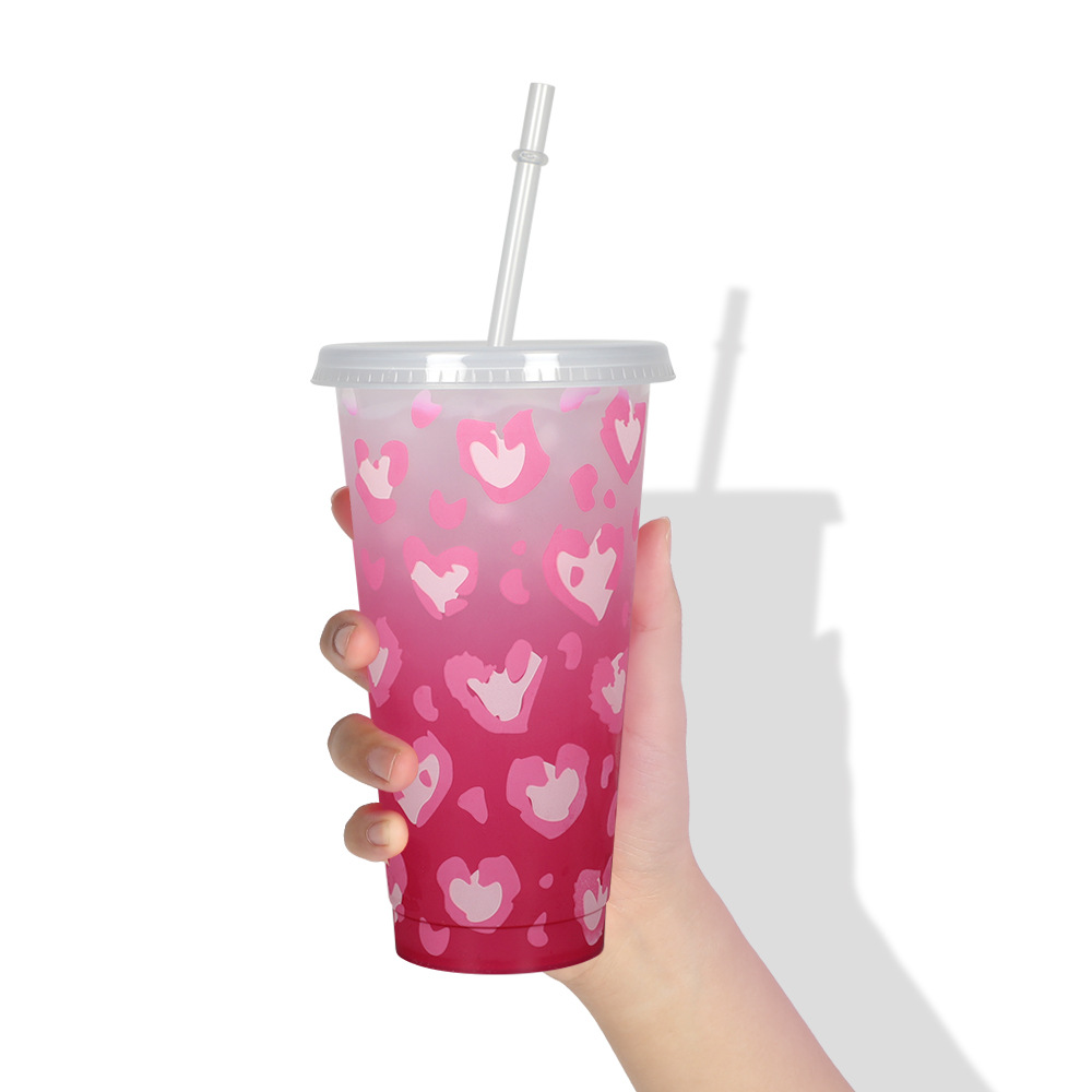 New pp single-layer color-changing cup, leopard print heart cup, reusable color-changing plastic cup for Valentine's Day 2024 Specification drawing
