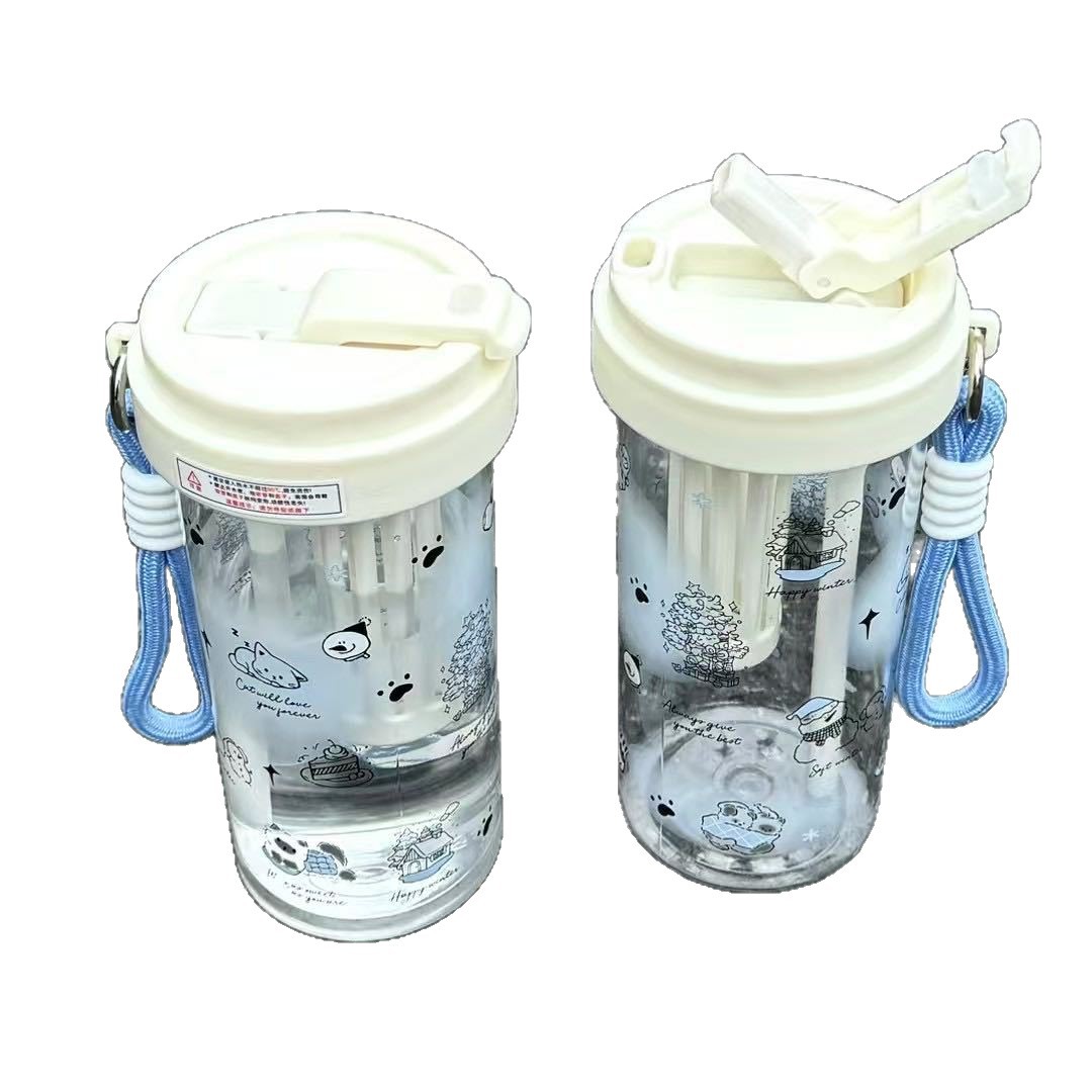 Simple tea cups, student-style plastic coffee cups, cute double-drinking straw cups for girls, high appearance level, portable fruit tea cups Item Picture