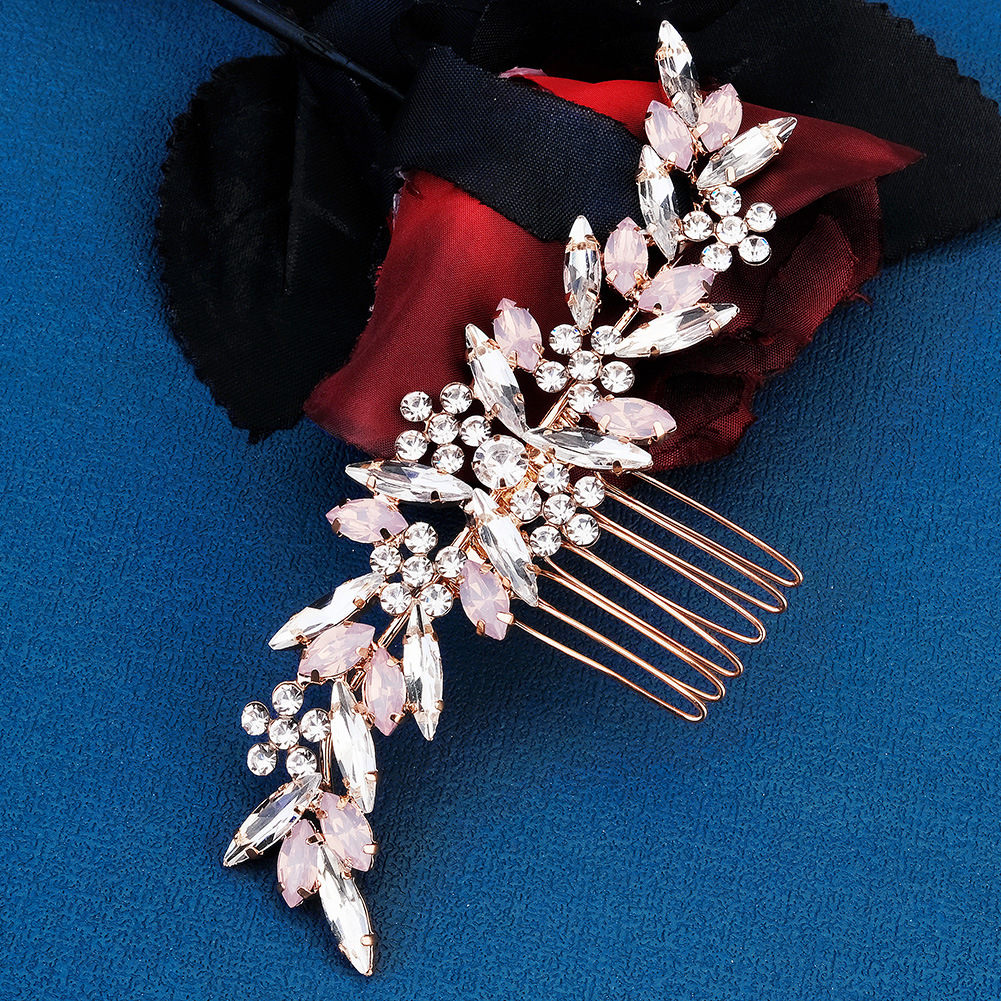 European and American wedding dress accessories, headwear, horse eye pink water diamond comb, exquisite and versatile alloy accessories, five-toothed updo, hair comb Specification drawing