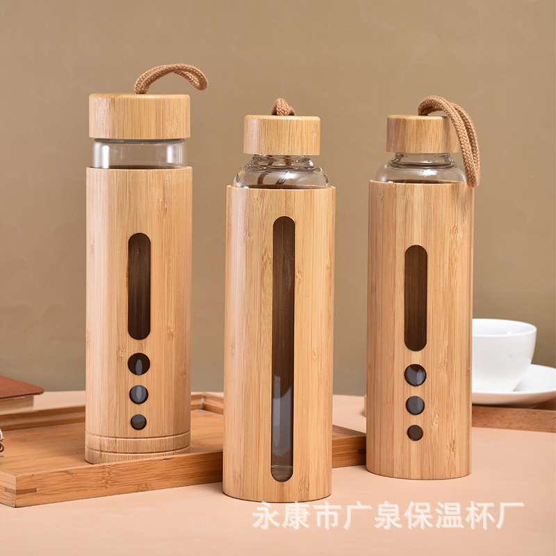 New bamboo shell glass cup, bamboo lid glass cup, single-layer bamboo shell glass water bottle, fully wrapped bamboo shell glass cup details Picture