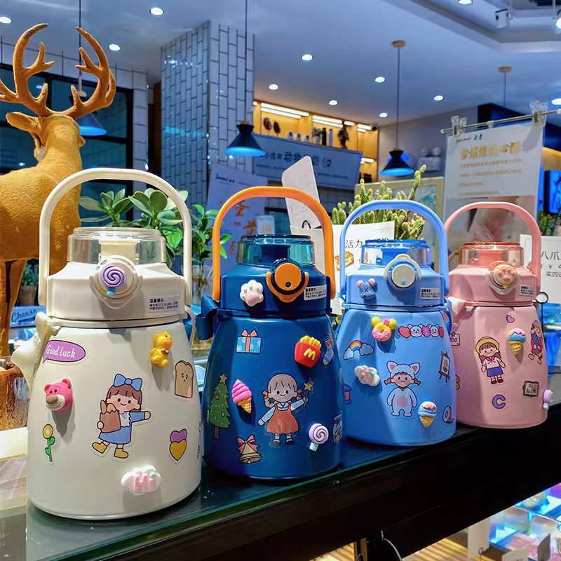 Stainless steel large-capacity insulated cup, women's cartoon straw, large-bellied cup, internet-famous children's high appearance level water cup, portable water bottle full figure