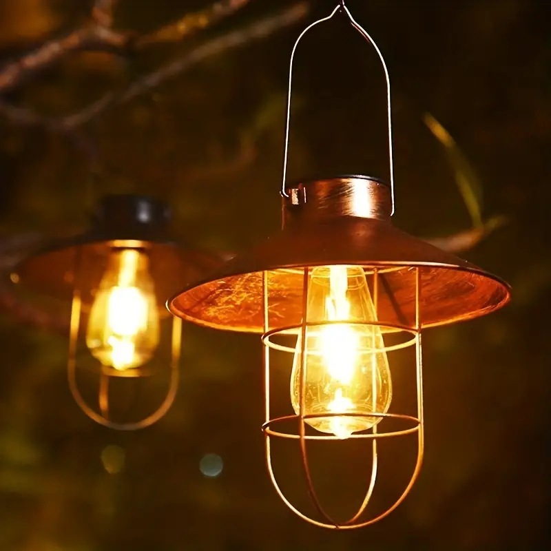 Solar-powered hanging lights, ironwork retro night lights, outdoor waterproof courtyard garden balcony villa camping landscape chandeliers full figure
