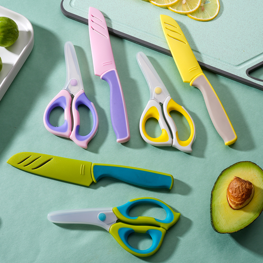 Portable baby food scissors for cutting vegetables and fruits, stainless steel household anti-slip fruit knife multi-purpose set full figure