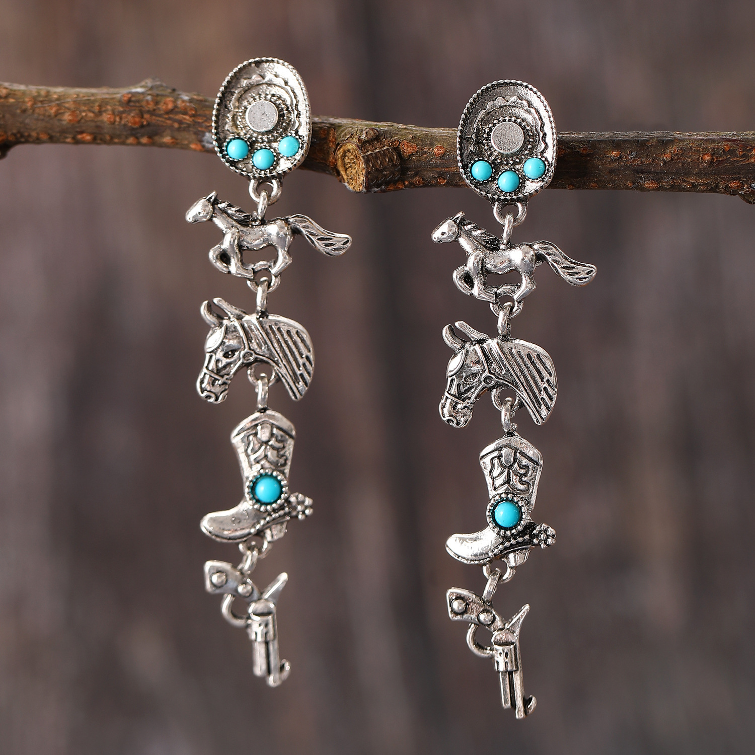 European and American retro ethnic style stud earrings, earrings, cross-border turquoise denim hats, boots, and horse alloy earrings set full figure