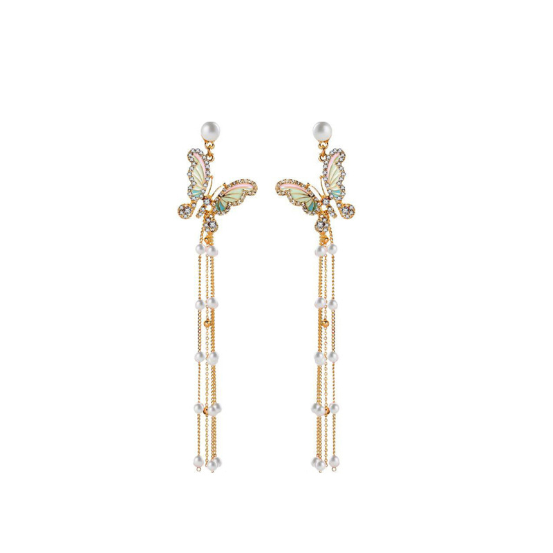 Exaggerated and elegant earrings, fashionable tassel pearl butterfly earrings, summer high-end long exquisite earrings for women wholesale Item Picture