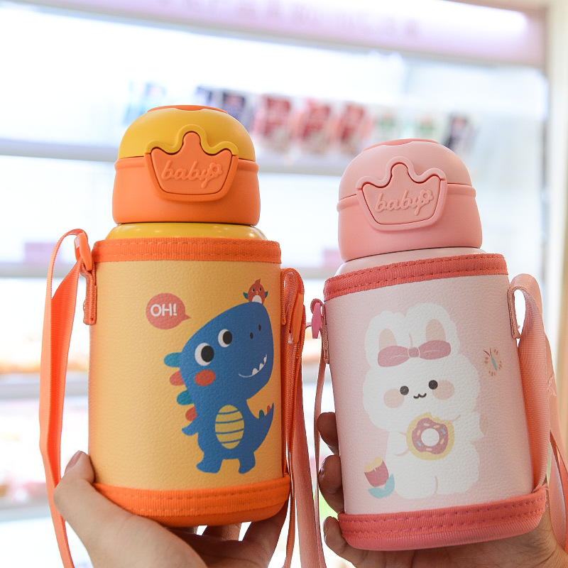 Stainless steel large-capacity children's insulated cup, straw cup, female student bouncing lid, creative shoulder strap, water bottle, portable customization full figure