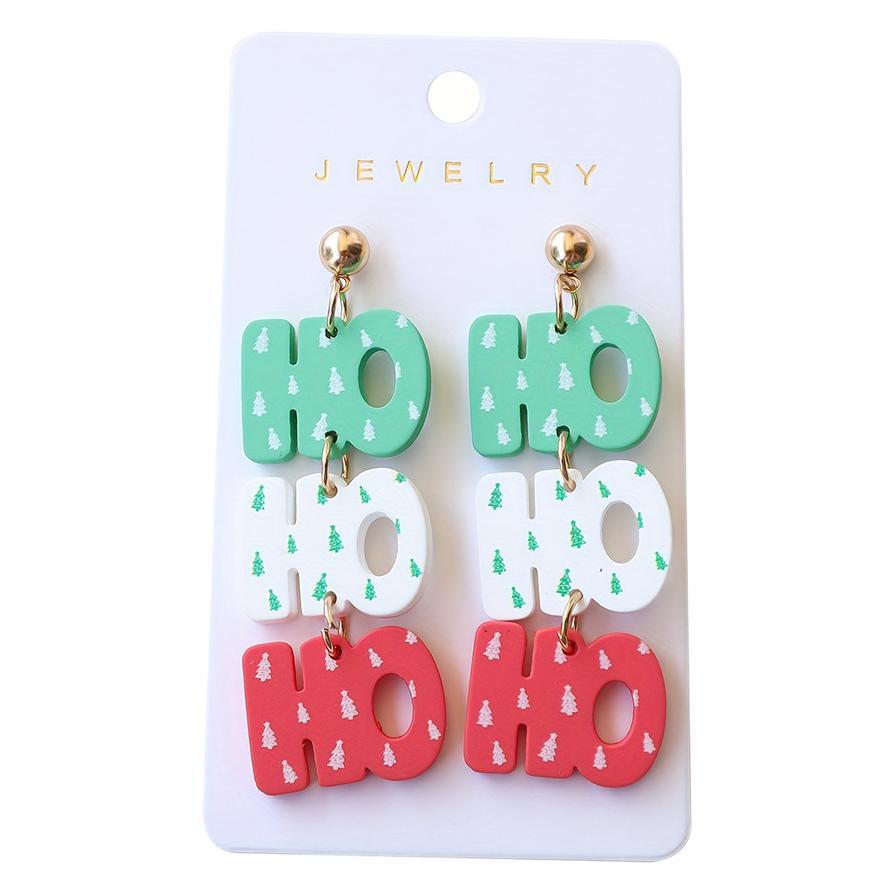 Christmas acrylic imitation soft clay lacquer earrings HO personalized letter Christmas tree print earrings, holiday earrings for women Item Picture