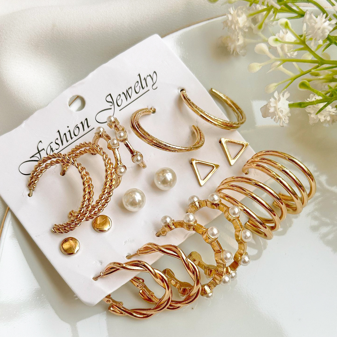 New cross-border exaggerated imitation pearl earrings 9-piece set, European and American ins retro alloy geometric ear ring set earrings full figure