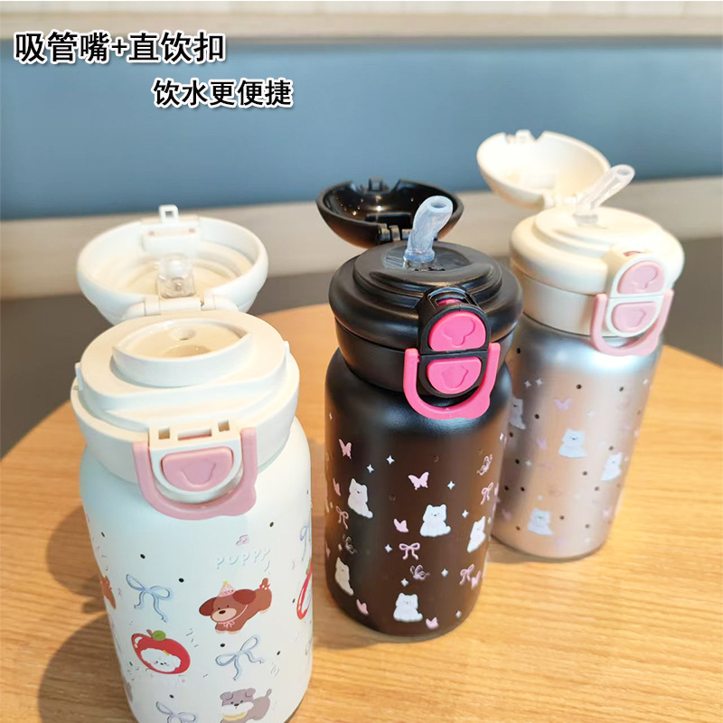 Wholesale and in-stock cute double-drinking children's water cups, stainless steel insulated cups, bouncy and portable, high appearance level straw gift cups details Picture