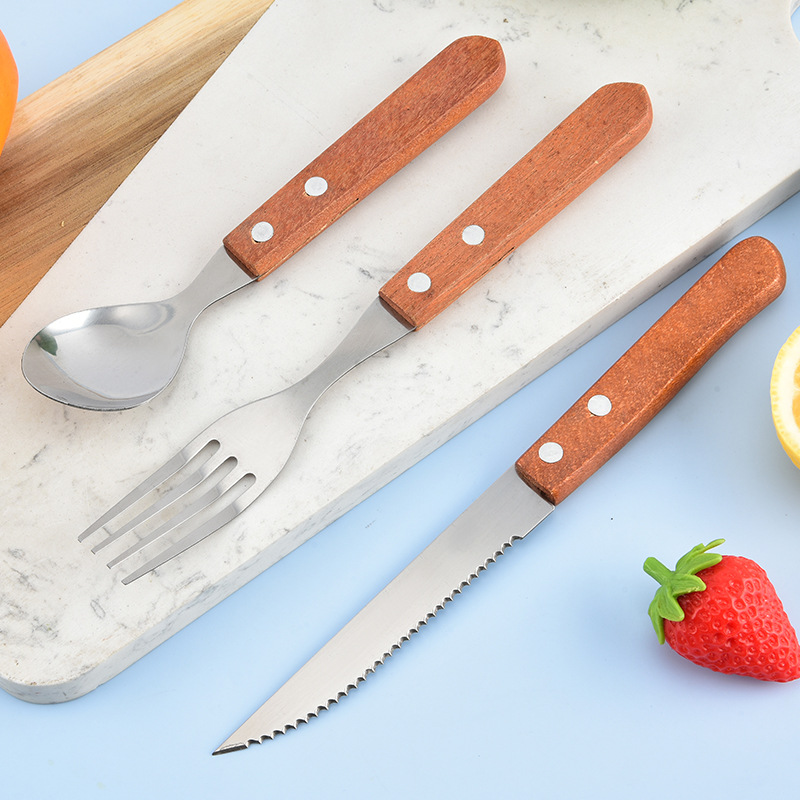 Stainless steel, rosewood handle, plastic handle steak knife and fork set, Western knife, fork and spoon gift box three-piece set Application Scenario