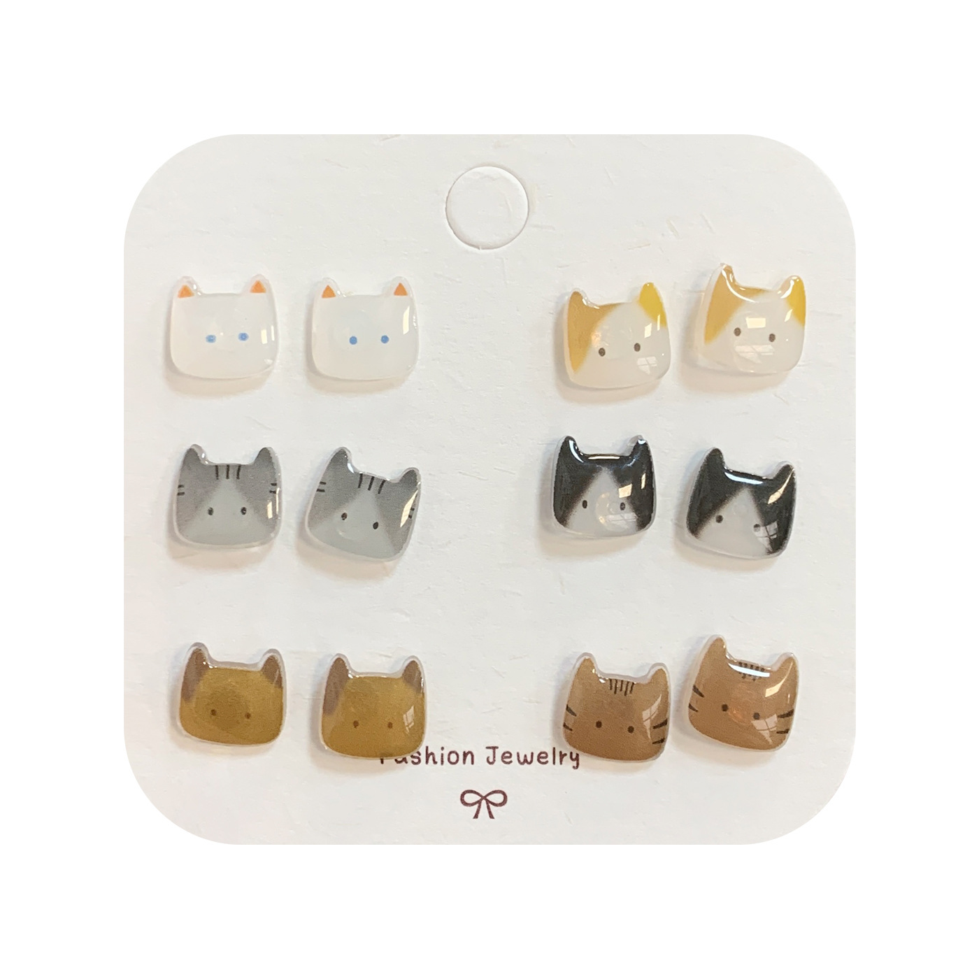 Japanese-style cute cat head ear stud silver needle set, cartoon resin small and exquisite design student earrings Item Picture