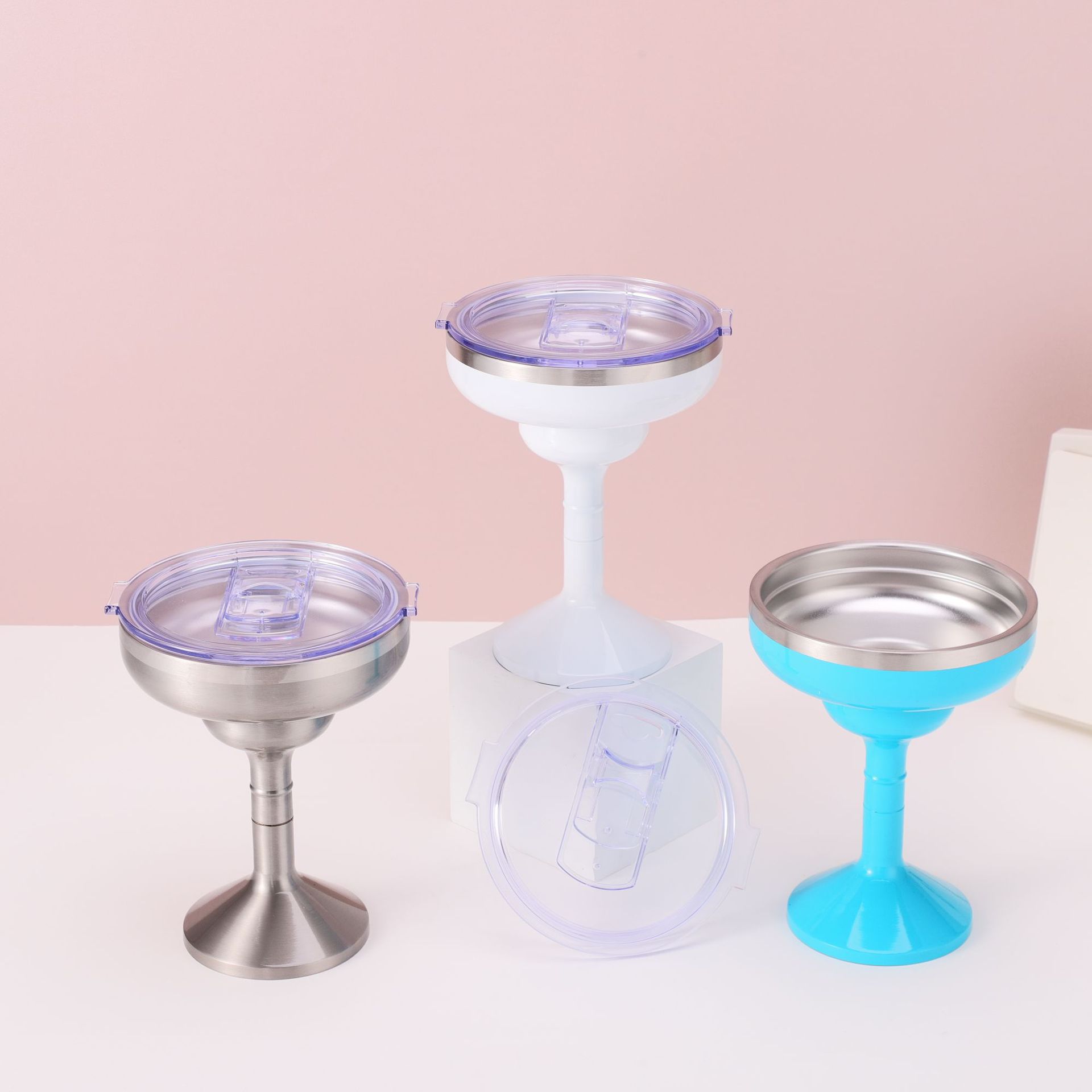 New cross-border stainless steel cocktail glass, double-layer martini vacuum red wine glass with lid, anti-overflow and cold insulation tall glass details Picture