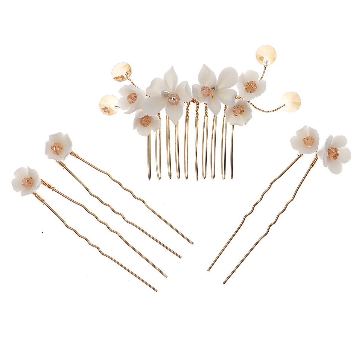 European and American retro bride's headwear, pearl and rhinestone comb set, versatile updo, handcrafted ceramic flower hairpin, comb for women Item Picture