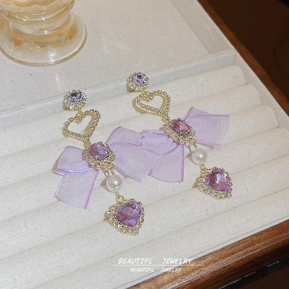 Korean-style long, exquisite heart-shaped bow tassel earrings, nightclub socialite style, light luxury design sense earrings for women Specification drawing