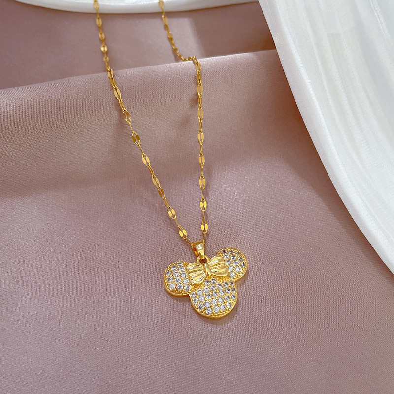【 Titanium Steel 】 Light luxury style, luxurious, full of diamonds, cute mouse necklace, versatile collarbone chain for female Internet celebrities, titanium steel chain Specification drawing