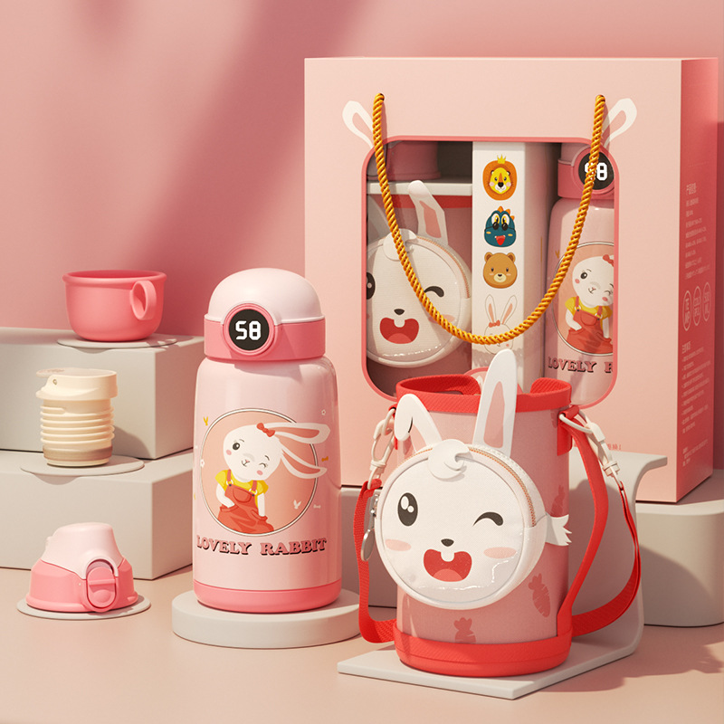 Wholesale gift box children's insulated cup, 316 stainless steel four-lid smart student big belly water cup with straw Specification drawing