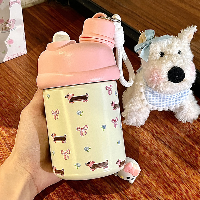 Thermos cup, high appearance level, water cup, small cup for girls, portable and cute, double-drinking straw coffee cup, for children to use at school Specification drawing