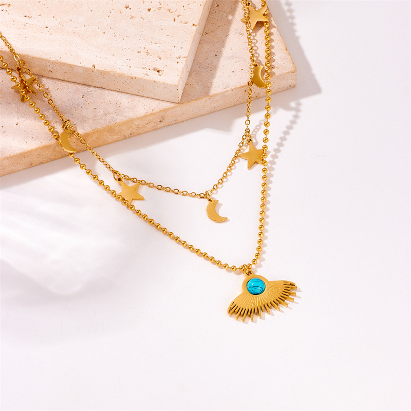 Fashionable cross-border gold-plated star and moon pendant, blue turquoise fan-shaped accessory, double-layer stacked stainless steel jewelry necklace Specification drawing