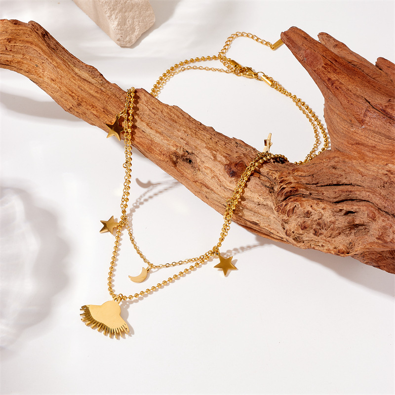 Fashionable cross-border gold-plated star and moon pendant, blue turquoise fan-shaped accessory, double-layer stacked stainless steel jewelry necklace details Picture