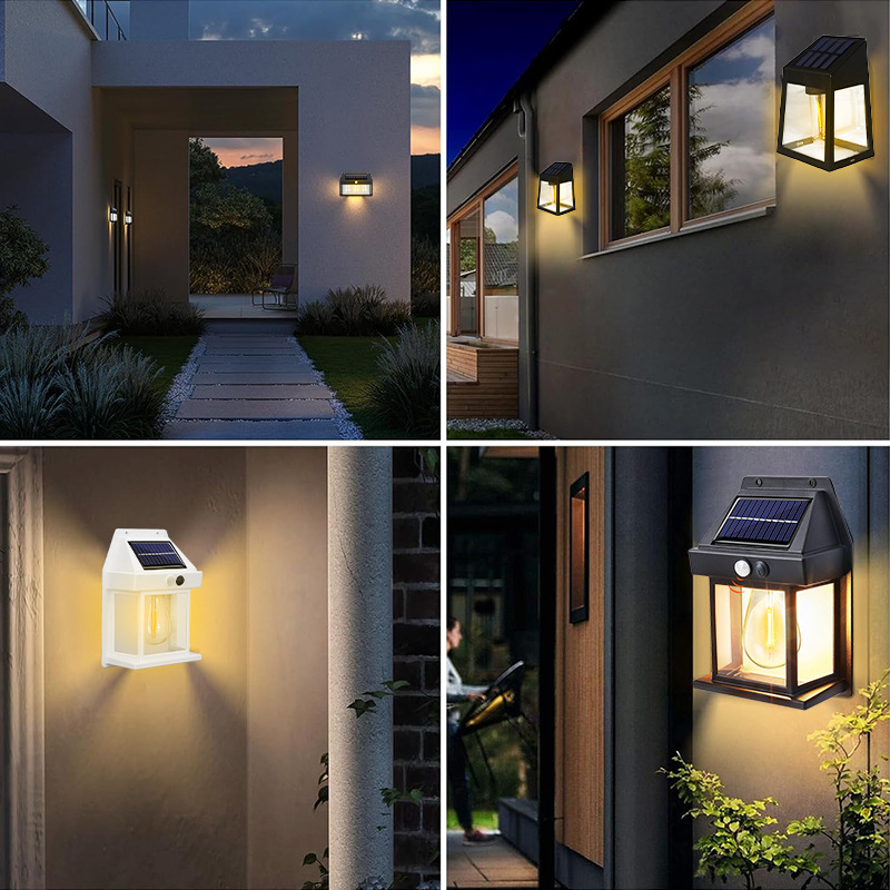 Cross-border bestseller TEMU solar tungsten filament wall lamp, human-sensing three-mode garden outdoor waterproof LED night light Specification drawing