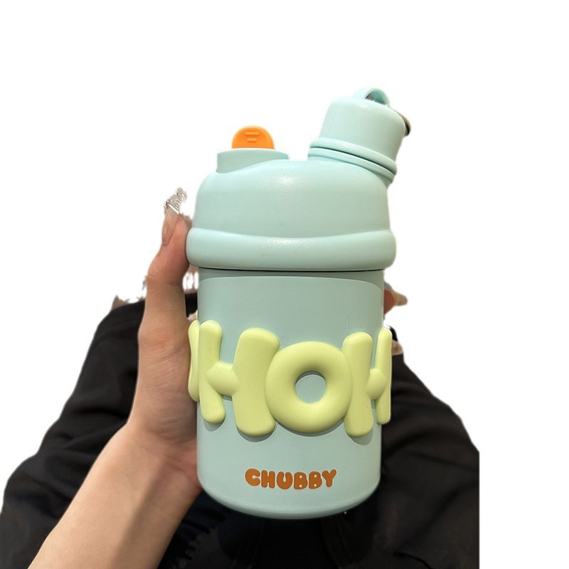 Fashionable and fresh water cup, cute children's plastic cup, high appearance level, double-drinking straw water cup, rural feng shui cup Item Picture