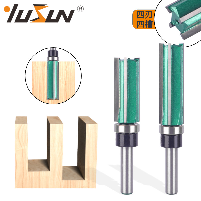 Yusheng four-edge bearing straight knife paint green woodworking milling cutter features a 4-tooth slotted handle with a bearing trimming machine head full figure