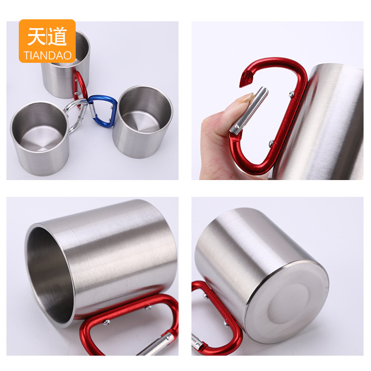 Hot-selling double-layer stainless steel coffee cup, mountain climbing buckle handle, outdoor camping milk morning water cup with engraved logo Specification drawing