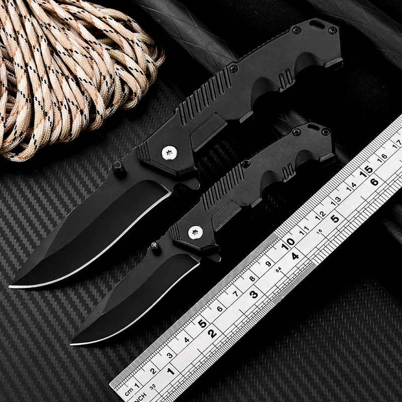 Outdoor wilderness survival aluminum handle folding knife, camping barbecue large and small black folding knife, supermarket promotion gift knife full figure