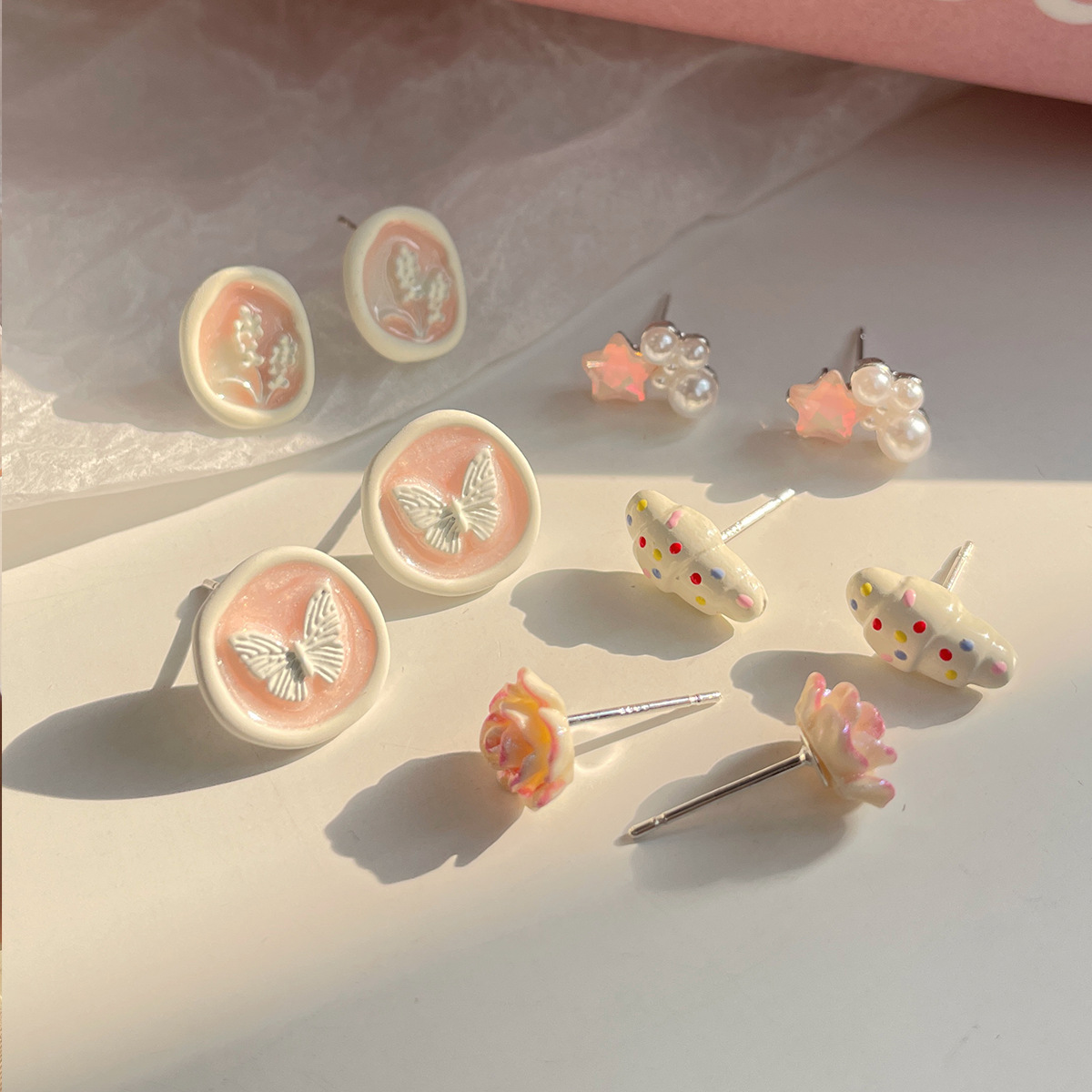 Summer cochlear Stud Super Fairy Butterfly One-week Stud Set for Women Silver Needle Niche Pink girl flower earrings wholesale Specification drawing