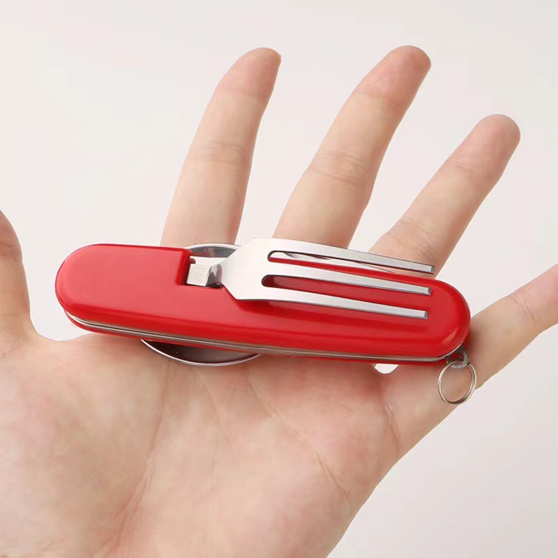 Four-in-one camping tableware, folding knife, fork and spoon set, stainless steel tableware, portable disassemblable tableware, foldable details Picture